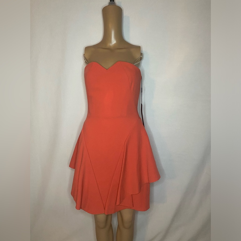Halston heritage strapless sweetheart melon coral color ruffled knee lengthdress